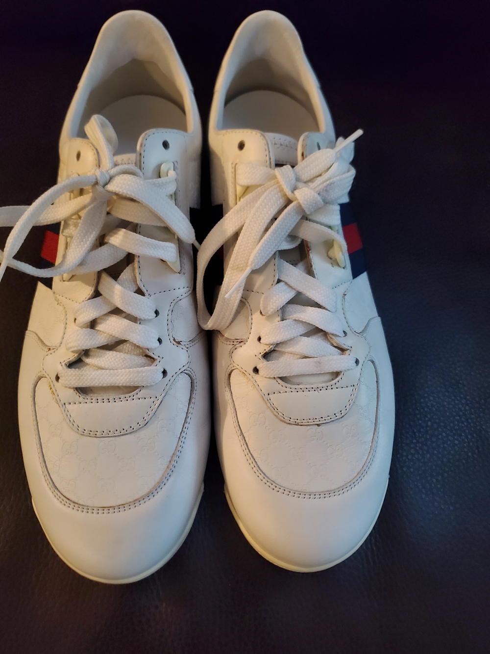 Gucci White Leather Men's Sneakers with Red and Blue Web Stripe